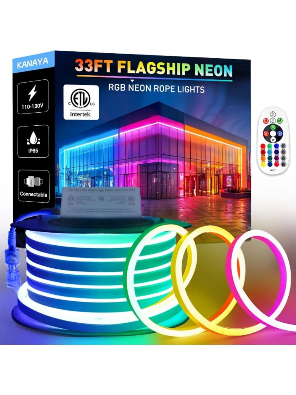 Color Changing RGB Neon Rope Lights - 33ft LED Light Strip for Home Decor